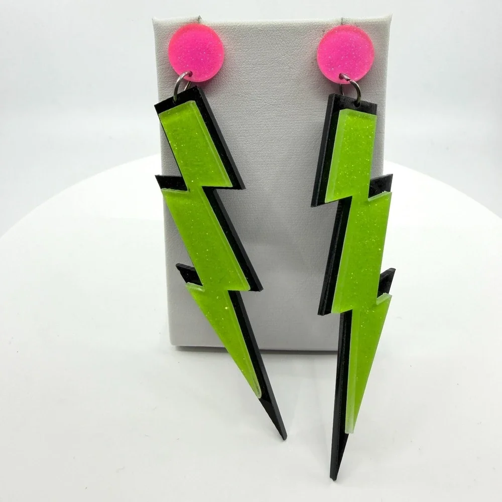 Earrings Neon Green Lightning Bolt Hot Pink Glitter Acrylic Y2K Statement Dangle